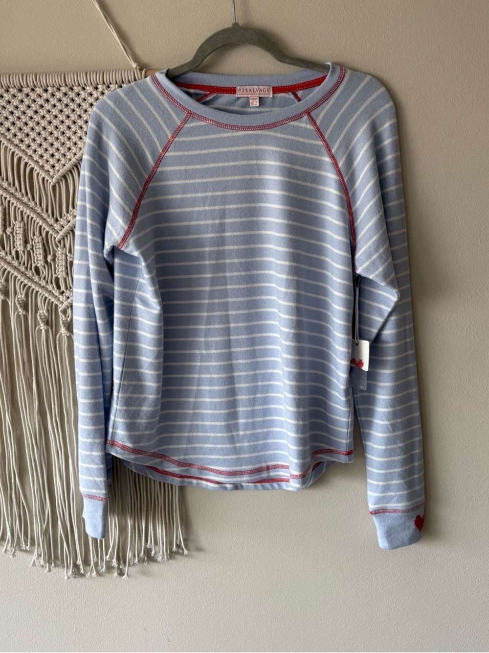 P.J. Salvage Light Blue & White Striped Crewneck with Red Trim